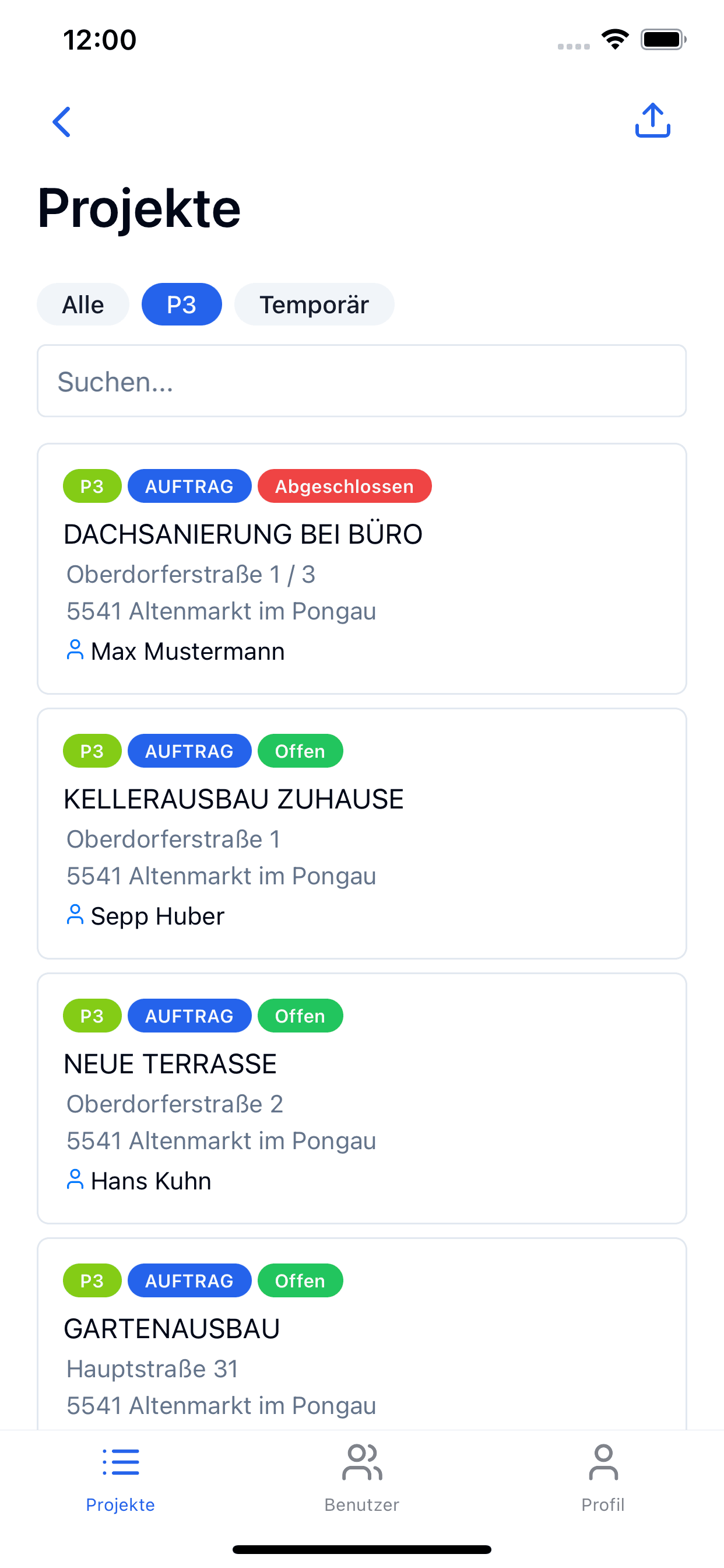 Image of a list of cards showing projects