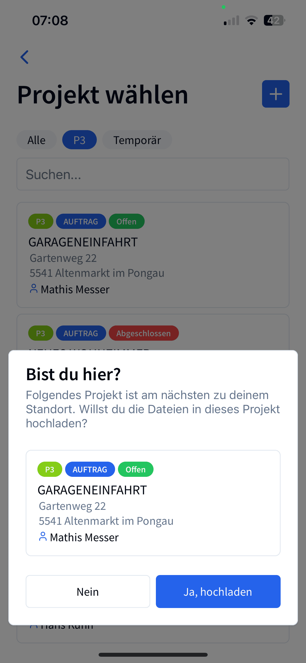 Image of a list of project cards, where a popup is open that suggests a project